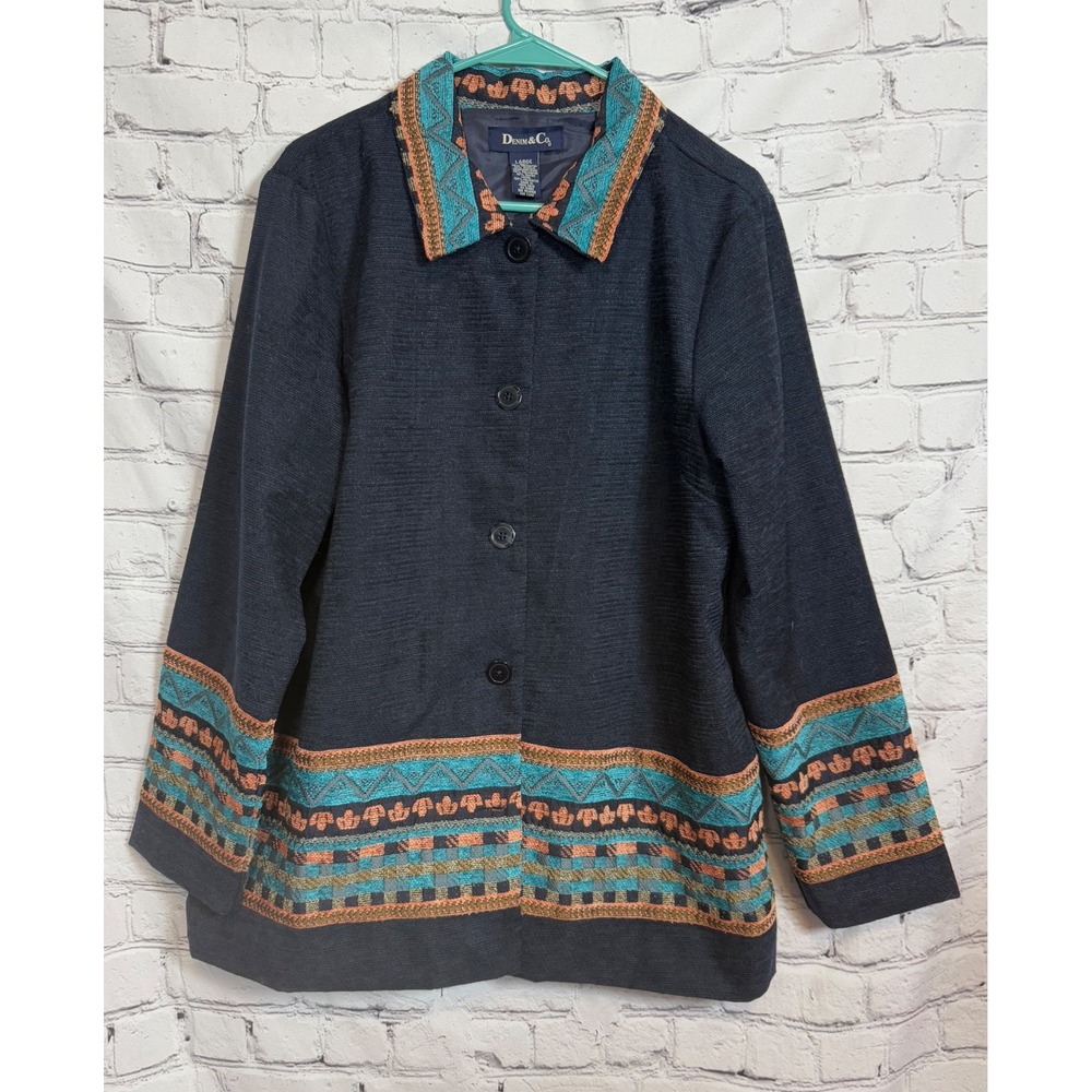 Denim & Co. Women's Dark Wash Jacquard Trim Jacket Size Large